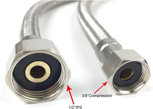 Vista 3 de Manguera de conector de grifo, Línea de suministro de agua trenzada de acero inoxidable 3/8 "rosca de compresión hembra x 1/2 "FIP. rosca recta
