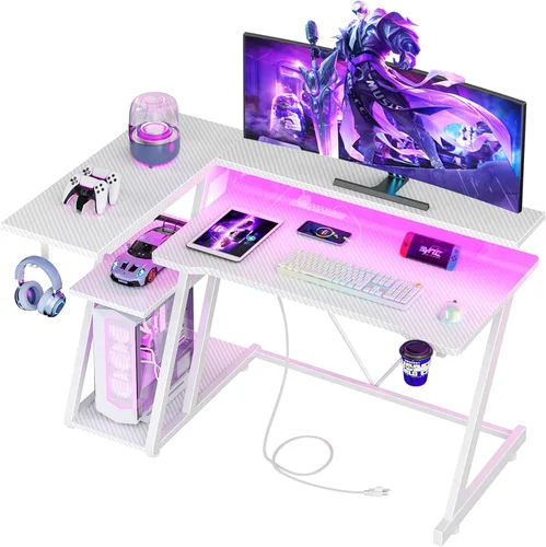 Vista 9 de Korfile Escritorio para juegos de 40 pulgadas con toma de corriente y luces LED, mesa de juegos para computadora en forma de L con estantes