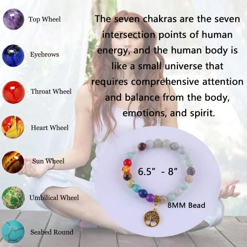 Vista 5 de 9 pulseras de cuentas semipreciosas del árbol de la vida, 7 chakras, reiki, piedras curativas, pulseras de yoga y meditación para mujeres, joyería