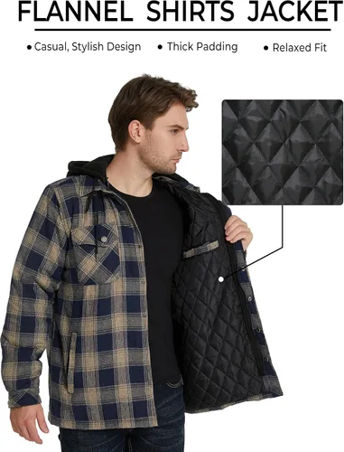 Vista 5 de WenVen chaqueta a cuadros de franela para hombre con capucha extraíble, acolchada