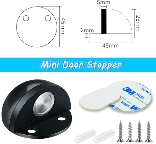 Vista 7 de Tope de puerta, tope magnético para puerta, adhesivo negro, soporte invisible de acero inoxidable, sin taladro, protector de pared, cúpula magnética