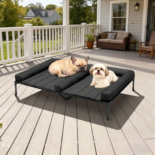 Vista 7 de Veehoo Cama elevada refrescante para perros + cojín doble impermeable para dos perros medianos, cama elevada para perros con tapete de apoyo