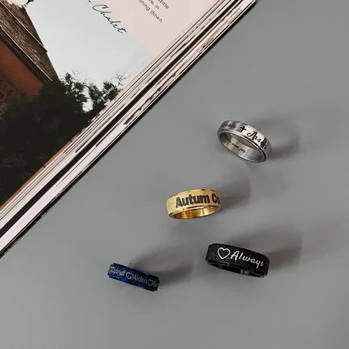 Vista 8 de EBAT Anillo de ansiedad personalizado para mujeres, hombres, hijas, niños, anillo de acero inoxidable grabado con nombre, joyería giratoria regalo
