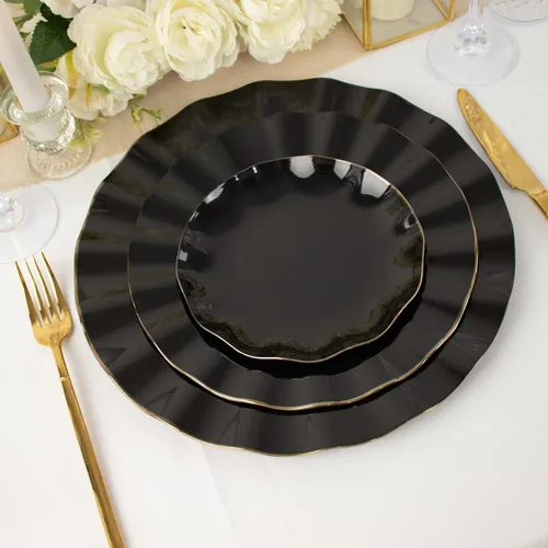 Vista 4 de Tableclothsfactory Paquete de 10 platos redondos de plástico negro de 6 pulgadas para ensalada de postre, platos desechables con borde ondulado