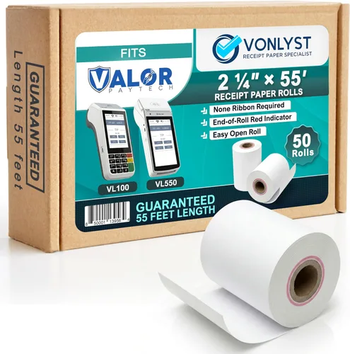 Vista 8 de Rollo de papel de recibo para máquina de tarjetas de crédito Valor Paytech VL 110 y VL 500 (10 rollos)