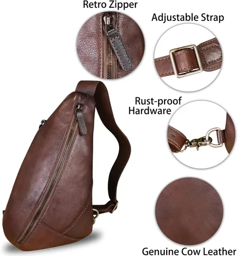 Vista 6 de Genuine Leather Silng Bag for Women and Men Vintage Leather Sling Backpack Shoulder Crossbody Bag Chest Purses Café