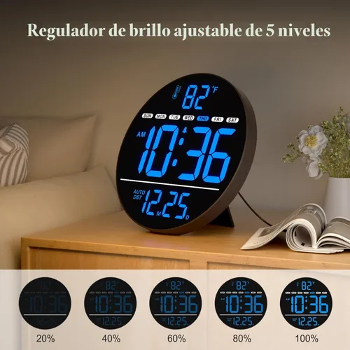 Vista 3 de Reloj de pared digital eléctrico grande con pantalla LED PLUG IN clock with Temperature, Auto DST, Date and Day, 5-Level Brightness for Office
