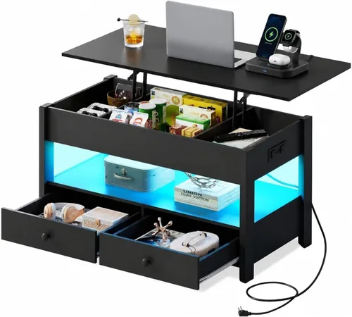 Vista 9 de WLIVE Mesa de Centro, Mesa de Centro con Tapa Elevable con 2 Cajones, Gran Almacenamiento y Estante Abierto, Tapa de Mesa Elevable para Sala de Negro