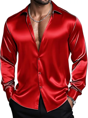 Vista 11 de Barry.Wang Camisas de discoteca de los años 70 para hombre, camisas beige B