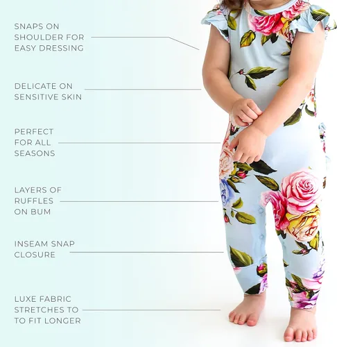 Vista 19 de Posh Peanut Mameluco de manga casquillo con volantes para bebé, ropa para niñas recién nacidas, pijama de una pieza para niños, viscosa suave