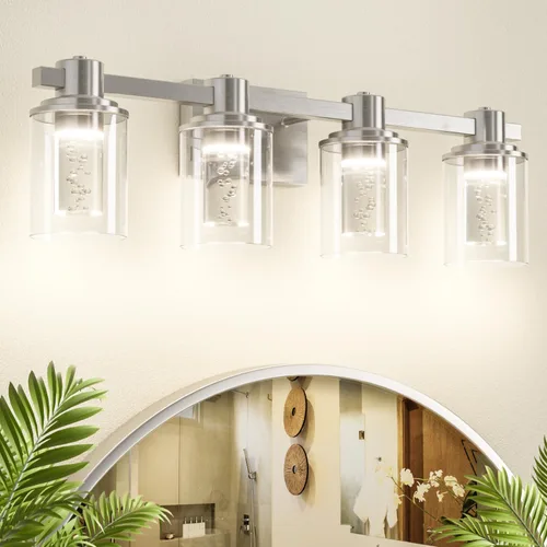 Vista 31 de Quntis Lámparas de baño de níquel cepillado con 5 modos de color, lámpara de tocador de baño moderna regulable de 3 luces sobre espejo, lámpara