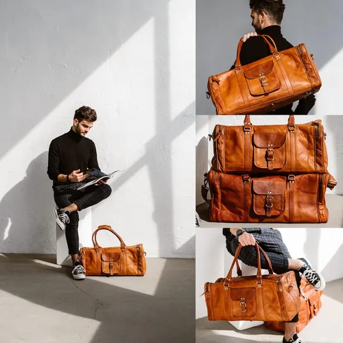 Vista 2 de Berliner Bags Bolsa de lona de cuero vintage New York para viajes o el gimnasio, bolsa de noche para hombres y mujeres, marrón (Brown XL), Vintage
