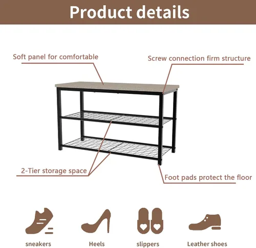 Vista 5 de Zapatero de 3 niveles para entrada, organizador de almacenamiento con dos estantes de hierro y parte superior para tabla, estante para zapatos