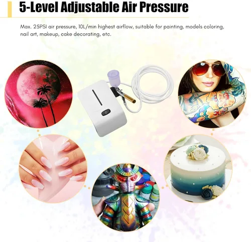 Vista 5 de Kit de aerógrafo con compresor, juego de cepillos de aire de mano, presión ajustable de 5 niveles de doble acción con 2 vasos de pintura