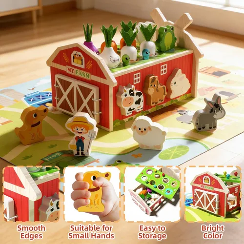 Vista 5 de JAUNTY Montessori - Juguete para niños pequeños de 1, 2 y 3 años, juguete de clasificación de forma de granja de madera para bebés niños y niñas