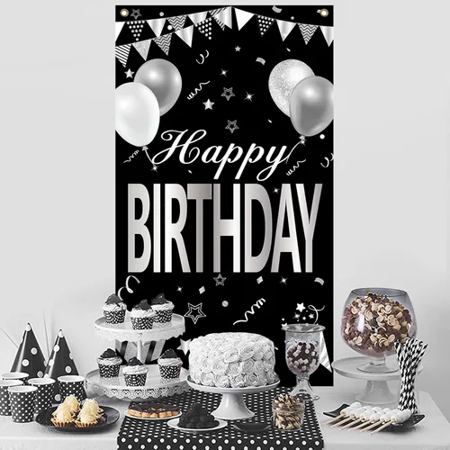 Vista 3 de Cartel de feliz cumpleaños negro y blanco plateado para hombres y mujeres, cubierta de puerta de feliz cumpleaños, suministros de fiesta, póster