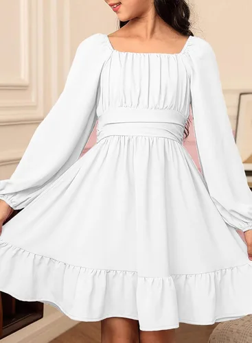 Vista 5 de blibean - Vestido de manga larga con lazo en la espalda para niñas y preadolescentes, vestido de otoño con hombros descubiertos, tallas para 6-15