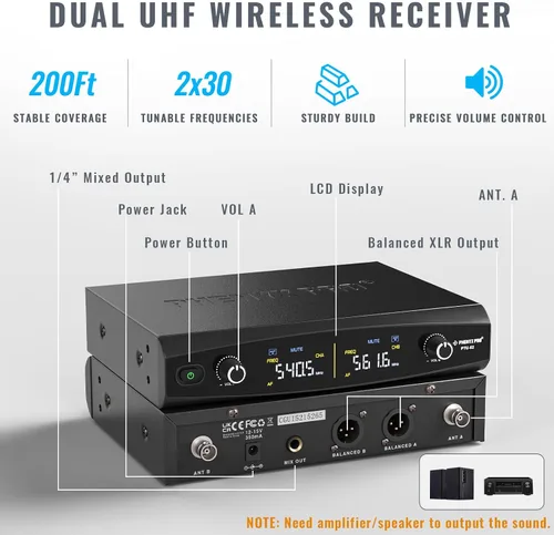 Vista 3 de Phenyx Pro Sistema de micrófono inalámbrico UHF PTU-52 Bundle con cable de serpiente XLR de 10 pies