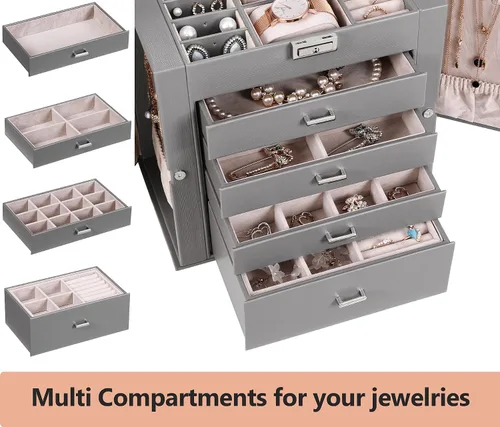 Vista 4 de BEWISHOME Joyero grande de 5 niveles organizador de joyas con espejo de cerradura para mujeres y niñas cajas de joyería para collares anillos aretes