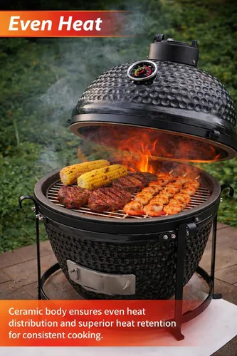 Vista 2 de Parrilla Kamado de 13 pulgadas de ancho con termómetro incorporado, parrilla ovalada con rejillas de hierro fundido, mango de bambú, parrillas