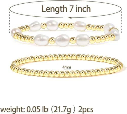 Vista 2 de Pulseras de cuentas de oro para mujer, perlas barrocas apilables, chapadas en oro de 14 quilates, pulsera de bolas elásticas para regalo de joyería