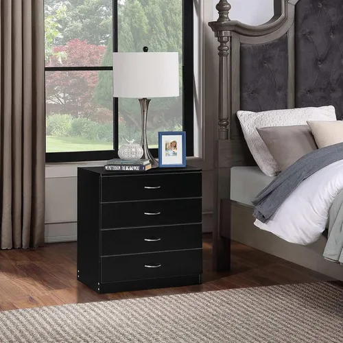 Vista 4 de Karl home Cómoda de 4 cajones, cómoda de almacenamiento moderna, mesita de noche de madera para dormitorio, sala de estar (negro)