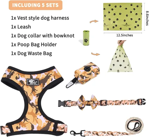 Vista 6 de Juego de arnés y correa para perros pequeños, ajustable, reflectante, sin tirones, chaleco para cachorro con collar de lazo, correa y bolsa