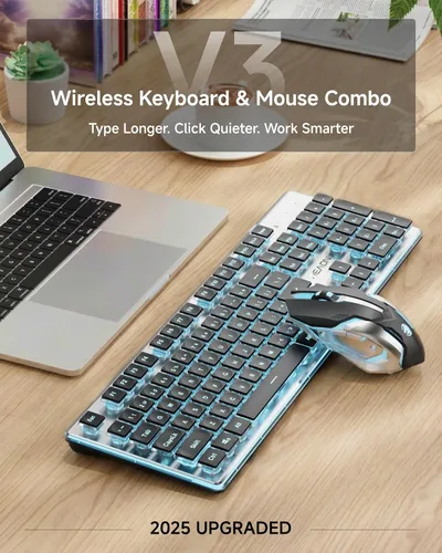 Vista 8 de SEUNKWANG EWEADN V3 Combo de Teclado y Mouse Inalámbrico con Retroiluminación Azul, Panel Metálico, Teclado y Mouse de Computadora Recargable