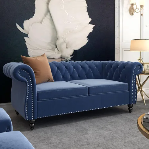 Vista 8 de QHITTY Juego de 2 piezas para sala de estar, Silla Sofá Seccional Chesterfield Contemporáneo Tapizado de Terciopelo Loveseat Juegos de Sofá para Azul