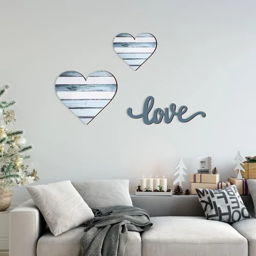 Vista 5 de 3 piezas de corazones de madera decoración corazón letrero de madera rústico colgante placa de amor para pared, hogar, granja, sala de estar Azul