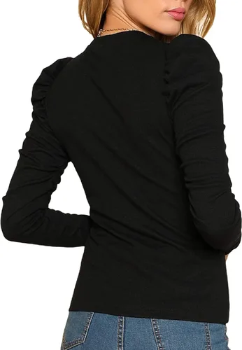 Vista 2 de Remidoo Camiseta de manga larga abombada con cuello redondo y ajuste entallado para mujer