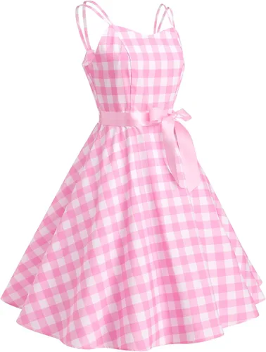 Vista 2 de Vestido vintage de cuadros rosa para mujer, vestido vintage de los años 50, vestido de cóctel de fiesta de los años 50, retro con tirantes delgados
