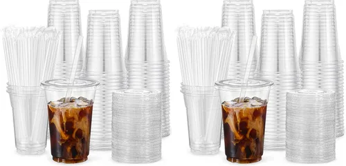 Vista 8 de VITEVER 100 Juegos - Vasos de plástico transparente de 12 oz con tapas y pajitas, vasos desechables para café helado, batidos, malteadas, bebidas