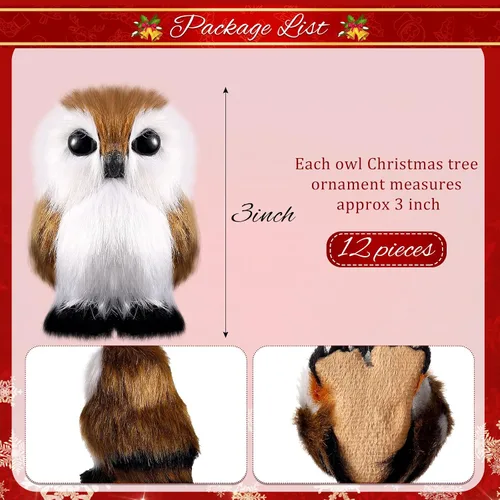 Vista 3 de Sratte Adorno navideño de búho peludo, lindo adorno de animal colgante para árbol de Navidad, fiesta de carnaval (marrón, 12 piezas)