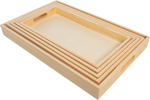 Vista 2 de Bandejas de madera anidadas para servir, bandejas rectangulares sin terminar con asas recortadas para manualidades, otomanos, servir y decoración