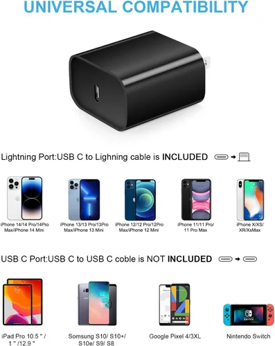 Vista 5 de i Phone 14 13 12 Cargador rápido de 20 W PD USB C cargador de pared con cable de carga rápida de 6 pies para iPhone 14/14 Pro/14 Pro Max/14