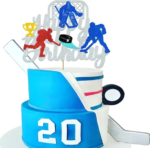 Vista 6 de Decoración para pastel de hockey sobre hielo Decoraciones de cumpleaños de hockey sobre hielo para niños, niñas, adultos – tema deportivo plateado