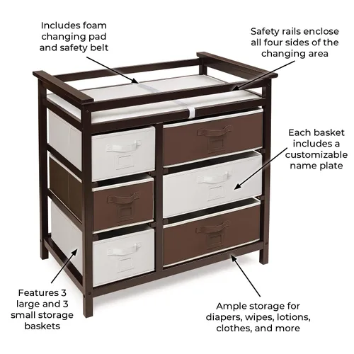 Vista 6 de Badger Basket Moderna mesa cambiadora para bebé con 6 cajones de almacenamiento y almohadilla - Espresso