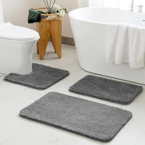 Vista 2 de MIULEE Juego de 3 alfombras y tapetes de baño extra gruesos de microfibra antideslizante y tapete de baño de contorno en forma de U para baño, baño