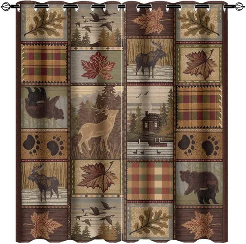 Vista 55 de Cortinas de oscurecimiento estilo campestre con osos, alces y ciervos, cortinas opacas para ventanas con ojales, tratamiento de ventanas eficiente