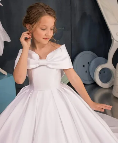 Vista 3 de Flower Girl Dress Off Shoulder-Satin First Communion Dress Bow Knot Girls Ball Gowns
