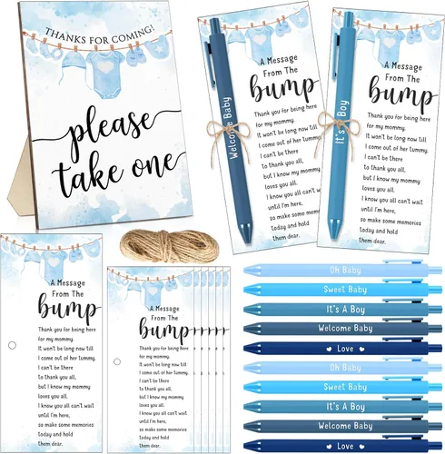 Vista 7 de Sintuff Juego de 50 Recuerdos de Baby Shower para Invitados 1 Letrero de Agradecimiento por Venir 50 Bolígrafos 50 Tarjetas de Agradecimiento