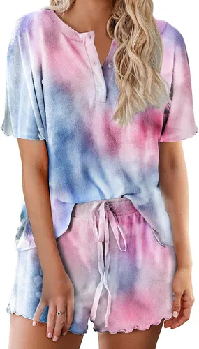 Vista 13 de Ekouaer Conjunto de pijamas teñidos con técnica tie dye para mujer, ropa de dormir, 2 piezas, conjuntos de pijamas, ropa de relajación A-tie Dye