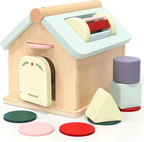 Vista 8 de Pillowhale Juego de juguetes de madera sensorial y educativo para niños pequeños de 1 a 3 años - Anillos para apilar, clasificador de formas, coche