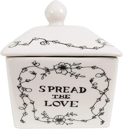 Vista 5 de Creative Co-Op Country - Mantequera de gres con mensaje "Spread the Love" y diseño de paisaje de granja, blanco y negro