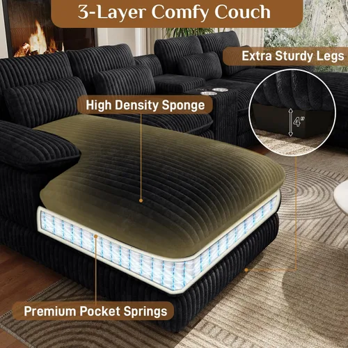 Vista 4 de Sofá seccional en forma de U de 132 pulgadas, mullido y afelpado de pana de 4 asientos, sofás seccionales color negro para sala de estar, cómodo