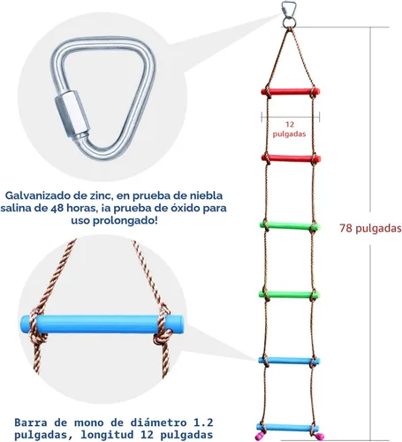 Vista 3 de Rainbow Craft Escalera de cuerda de escalada de 6.6 pies para niños, accesorios para carreras de obstáculos Ninja Warrior para niños, escalera