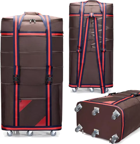 Vista 4 de ELDA Maleta plegable expandible para hombres y mujeres, bolsas de viaje con ruedas universales, equipaje ligero de gran capacidad, Marrón, Correas