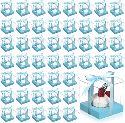 Vista 11 de Thenshop 50 cajas transparentes para cupcakes individuales de 3.5 pulgadas, cajas individuales de plástico para cupcakes con insertos y cinta
