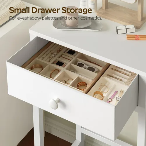 Vista 5 de YATINEY Escritorio pequeño sin espejo, mesa de tocador de maquillaje para espacios pequeños, tocador blanco compacto con panel plegable y cajón